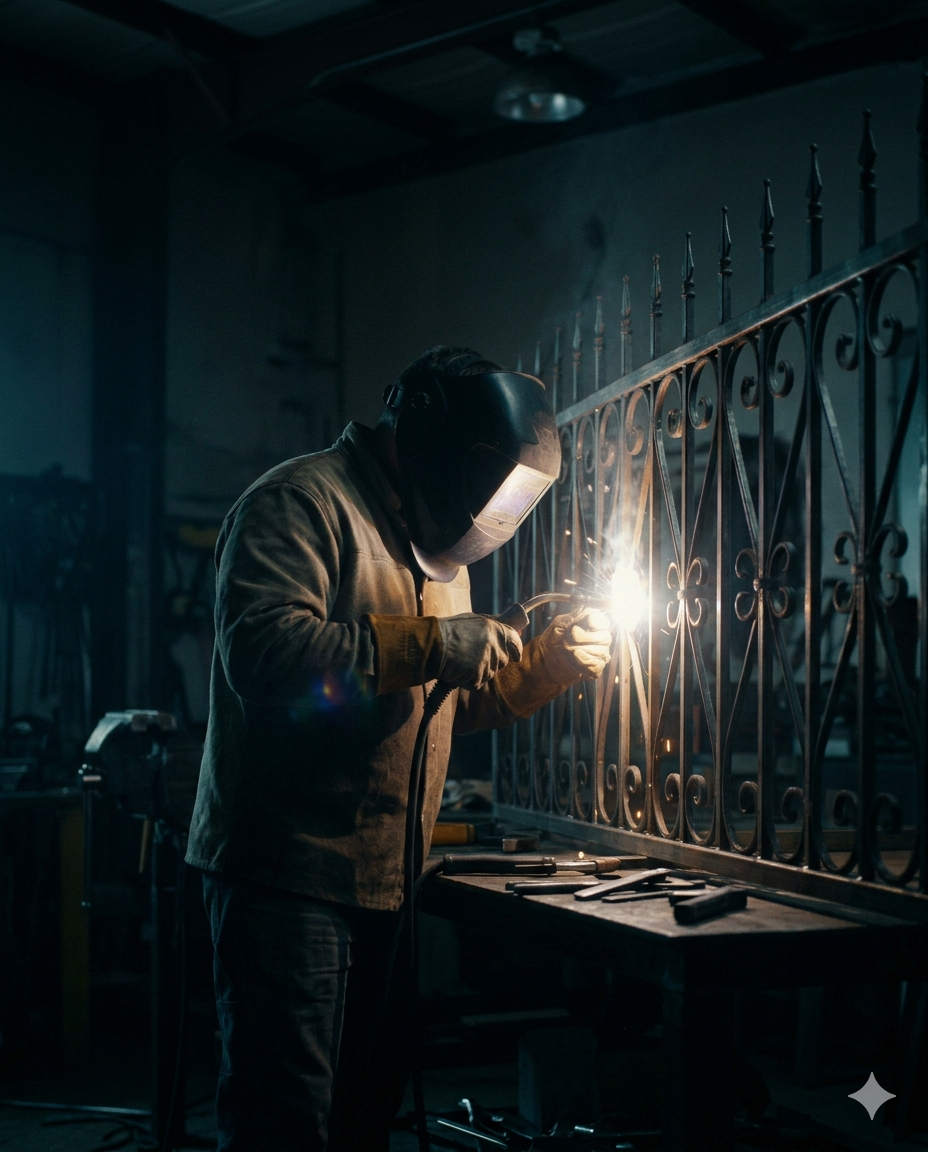 Majstor kovač, kuje željezne ograde u svojoj radionici. (AI generisana ilustracija)